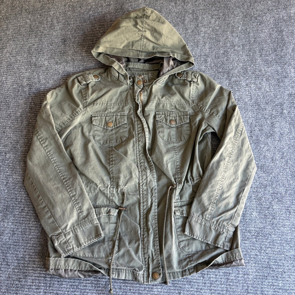 rue21 Womens Medium Olive Green Hooded Utility Anorak Jacket Drawstring Waist